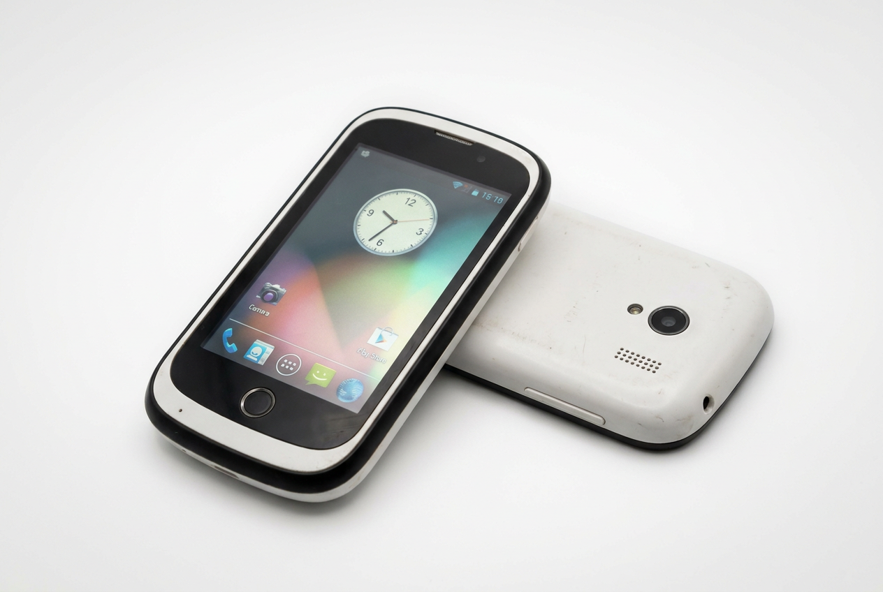 Smartphone Android compacto de gama baja típico de 2014, con pantalla pequeña, marcos gruesos y botón físico central, representando los dispositivos que utilizaban el procesador MT6572M.