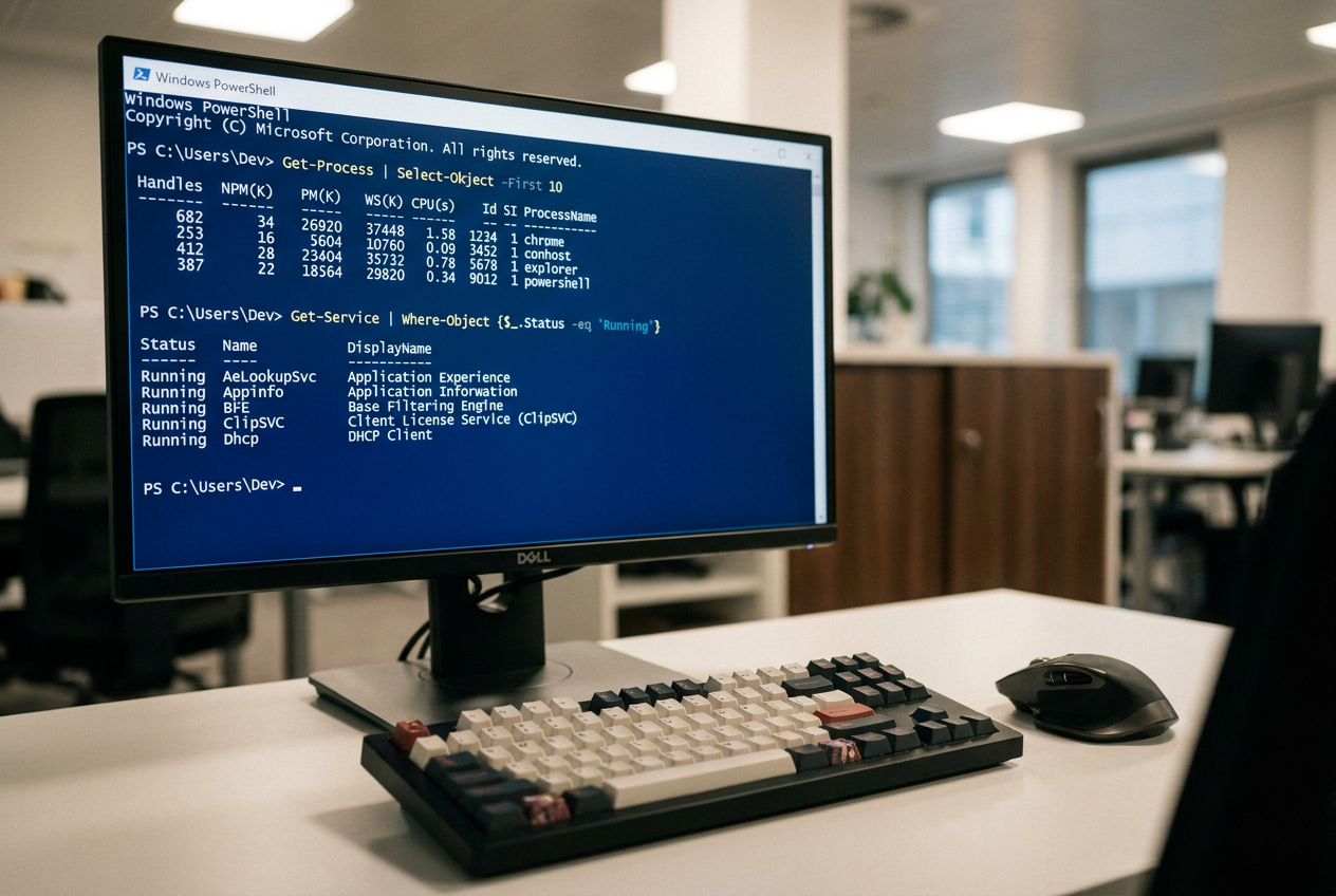 Pantalla de ordenador mostrando una consola de Windows PowerShell con fondo azul y comandos técnicos en un entorno de trabajo profesional.