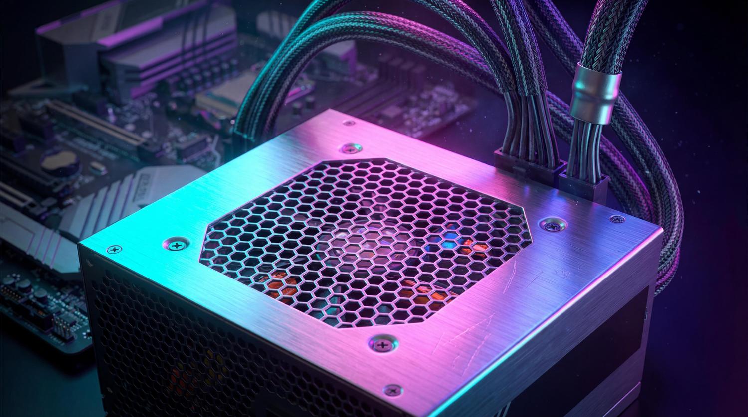 Fuente de alimentación gaming con iluminación RGB y neón, representando la tendencia estética de los componentes actuales.