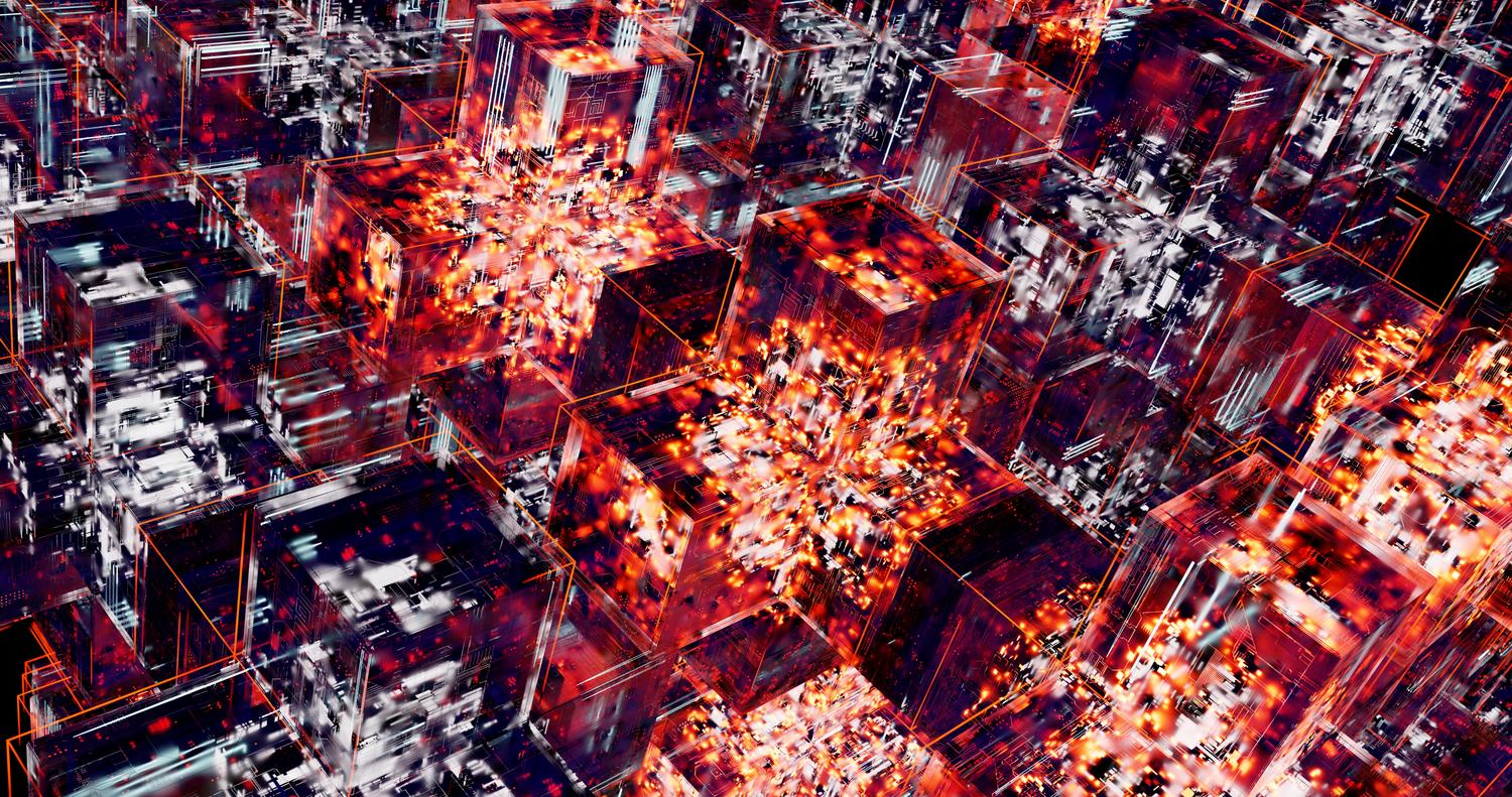 Visualización conceptual de cubos digitales iluminados, sirviendo como metáfora de los contenedores y pods en un clúster de Kubernetes.
