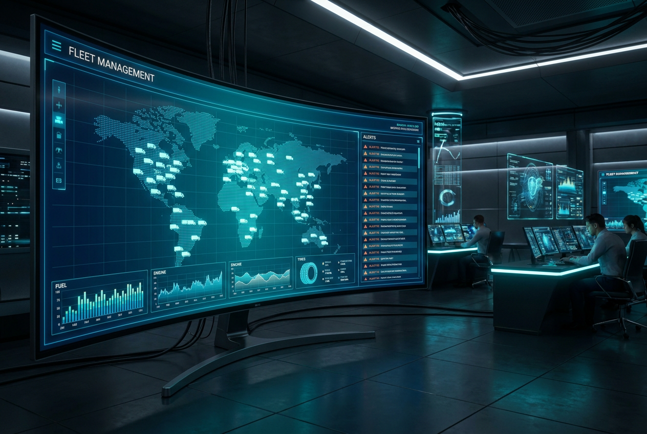 Interfaz de software de gestión de flotas con telemetría IoT, mapas de seguimiento y gráficas de rendimiento en un centro de control avanzado.