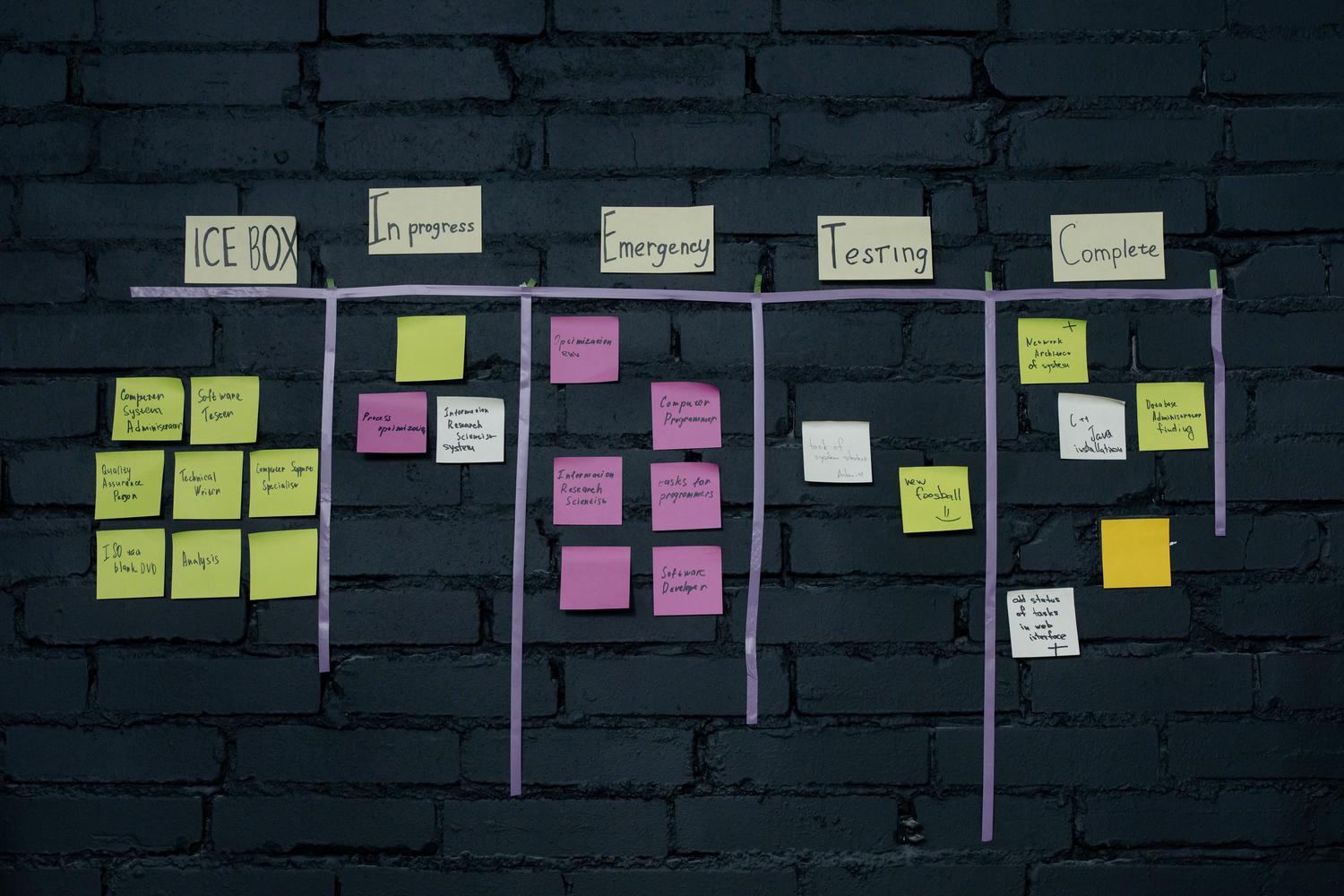 Tablero Kanban físico con notas adhesivas de colores organizando tareas de desarrollo de software en una pared de oficina.