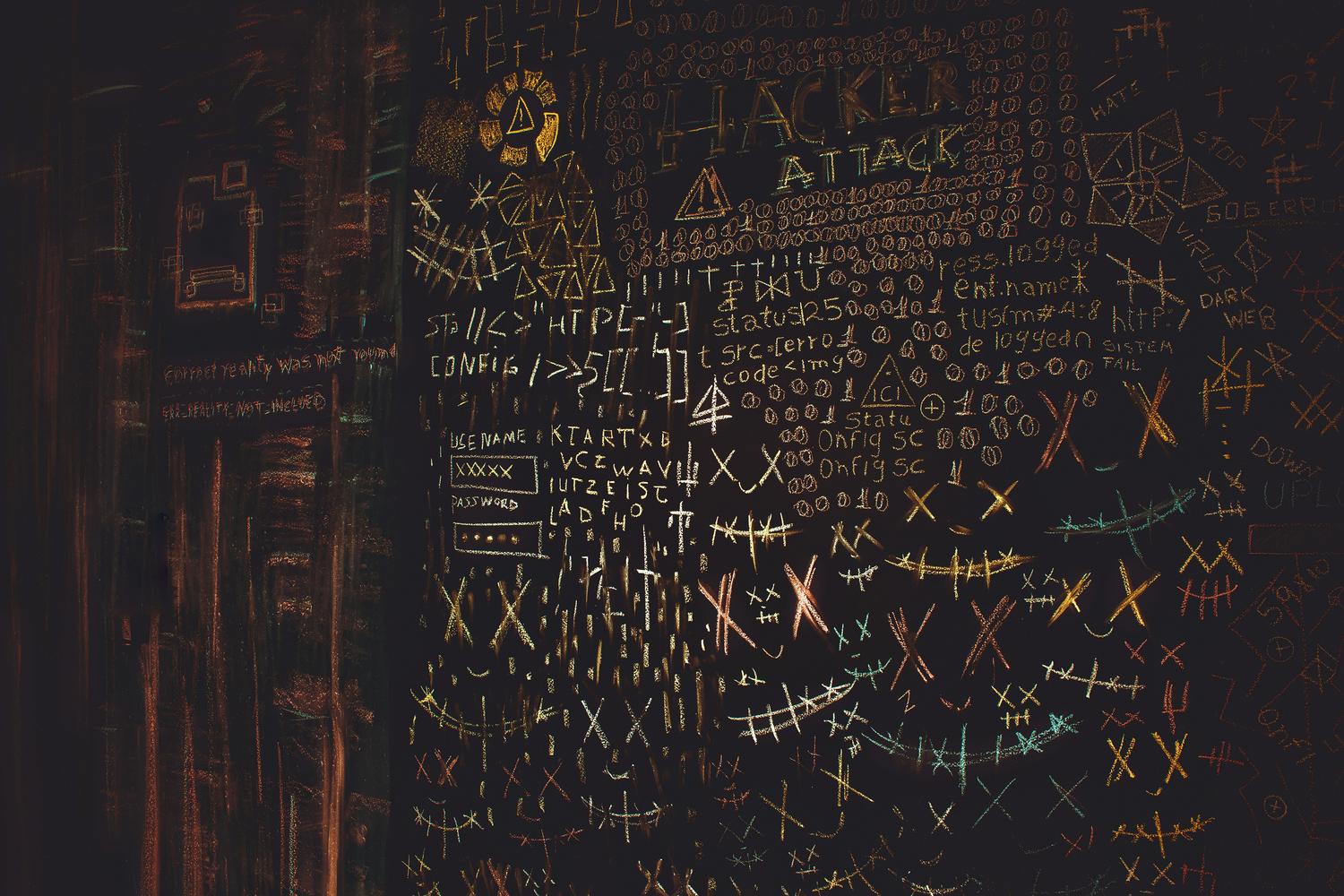 Pizarra con símbolos de hacking y esquemas técnicos, ideal para explicar el funcionamiento de las capas OSI.