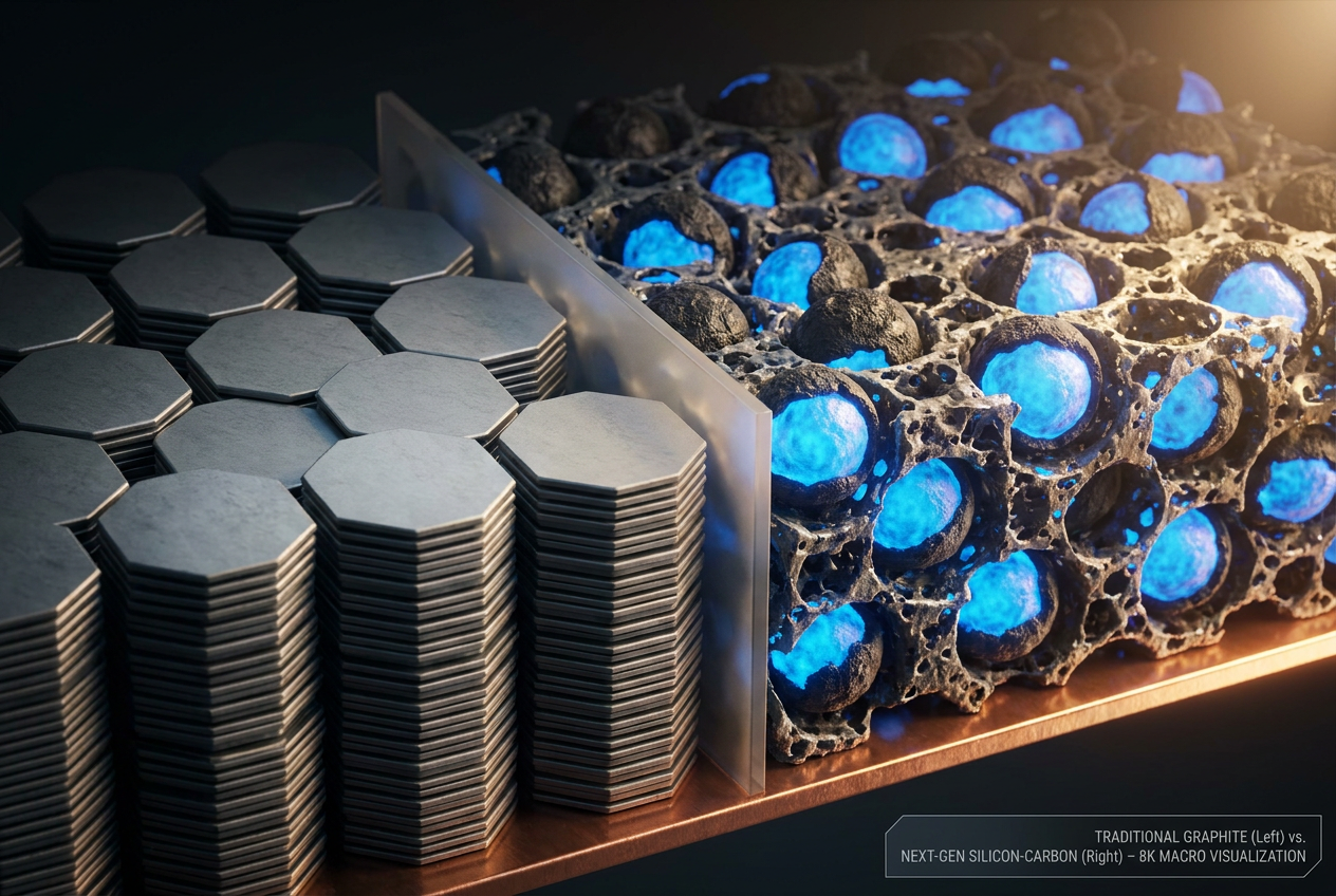 Visualización científica en 3D que compara el ánodo de grafito tradicional (izquierda) con la nueva tecnología de silicio-carbono (derecha) en una batería.