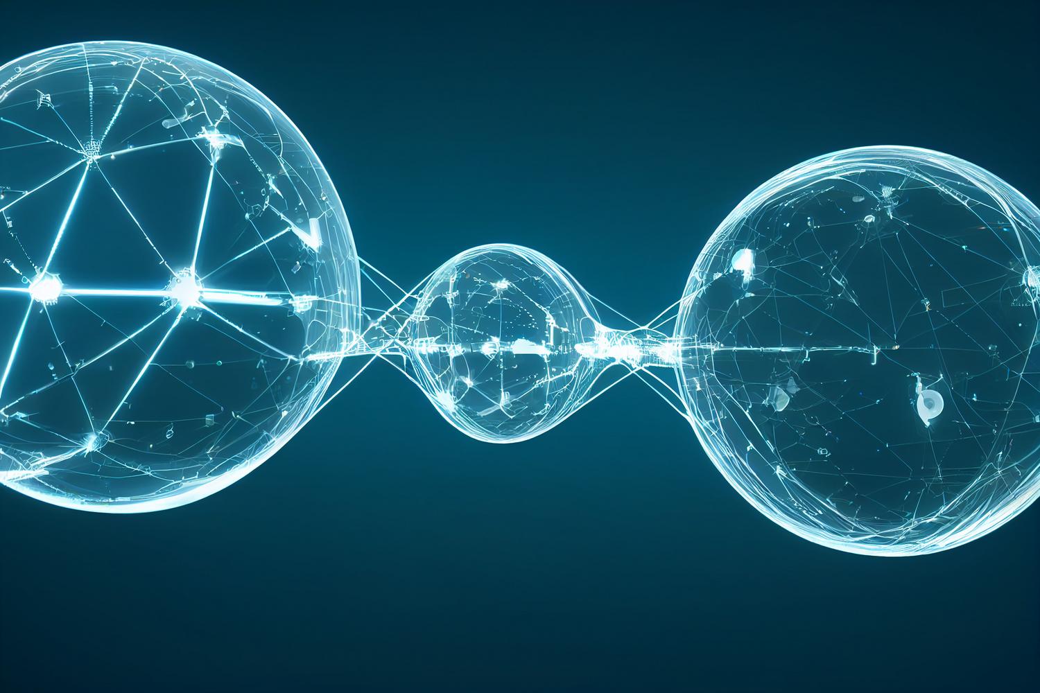 Representación abstracta de esferas digitales interconectadas por líneas brillantes, simbolizando la base de conocimientos y las integraciones RAG.