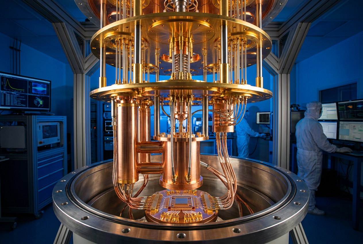 Fotografía profesional de un procesador de computación cuántica superconductor con su característica estructura de refrigerador de dilución en forma de candelabro dorado.