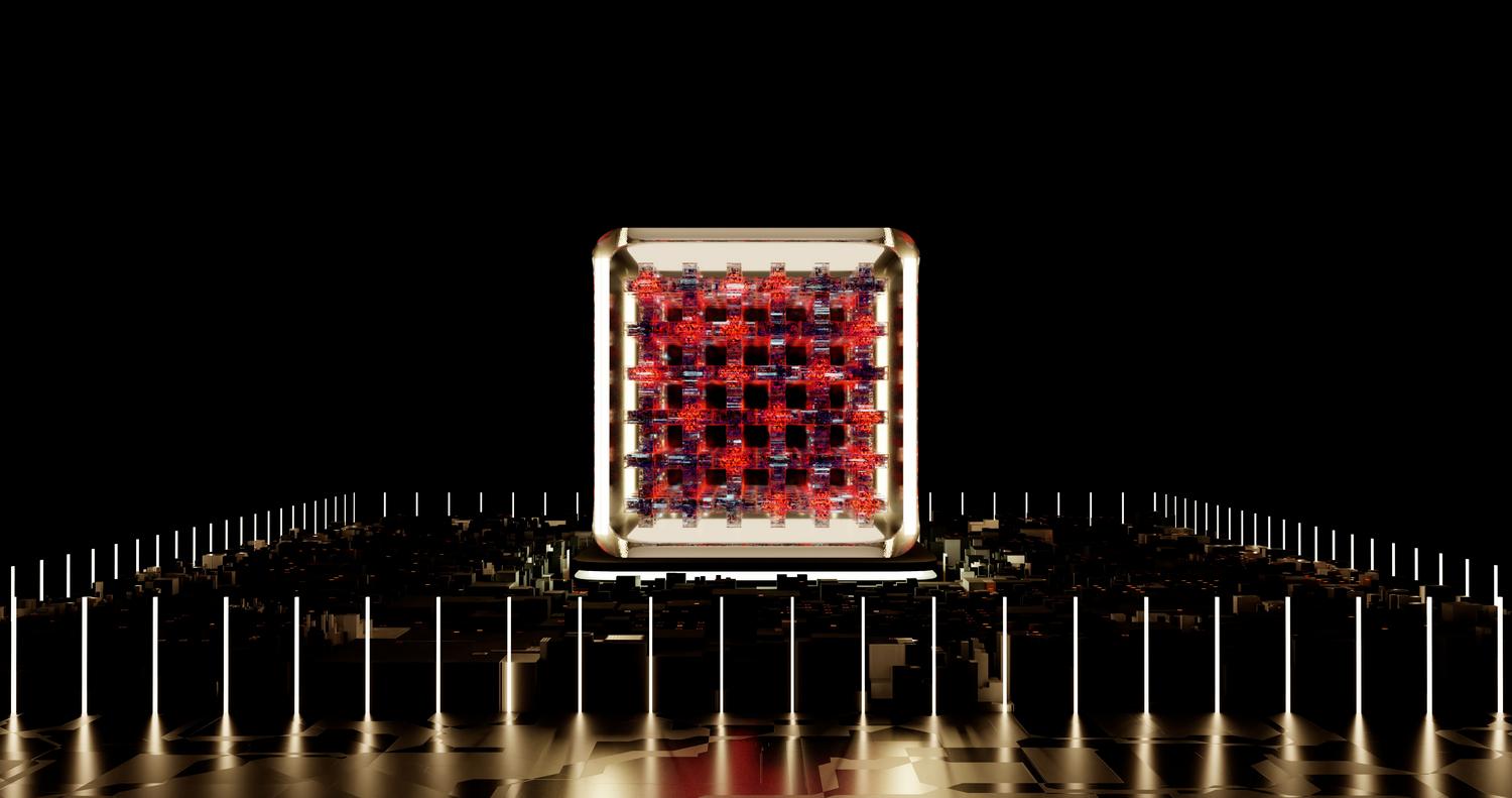 Visión abstracta de un procesador digital futurista con elementos brillantes, simbolizando la potencia de cálculo cuántico.