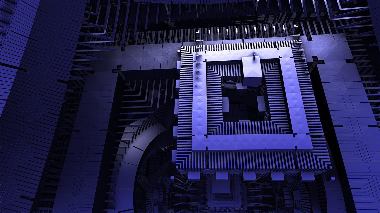 Representación detallada de un procesador de computadora cuántica resaltando la complejidad del hardware.
