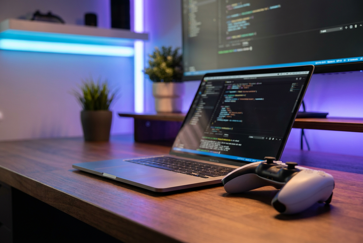 MacBook Pro y mando de PlayStation 5 sobre un escritorio con iluminación ambiental neón azul y púrpura