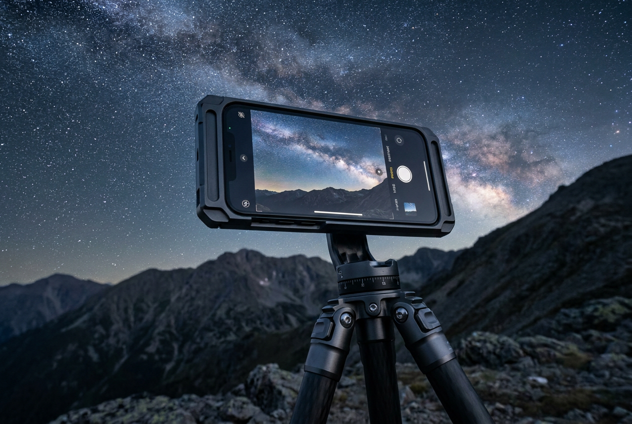 Smartphone montado en un trípode capturando la Vía Láctea en un paisaje montañoso nocturno