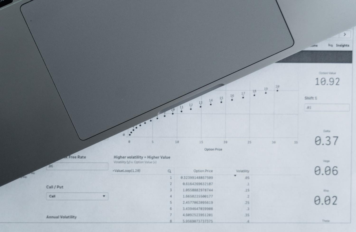 Vista cenital de hojas de datos analíticos y un ordenador portátil, representando la organización de datos en Excel.