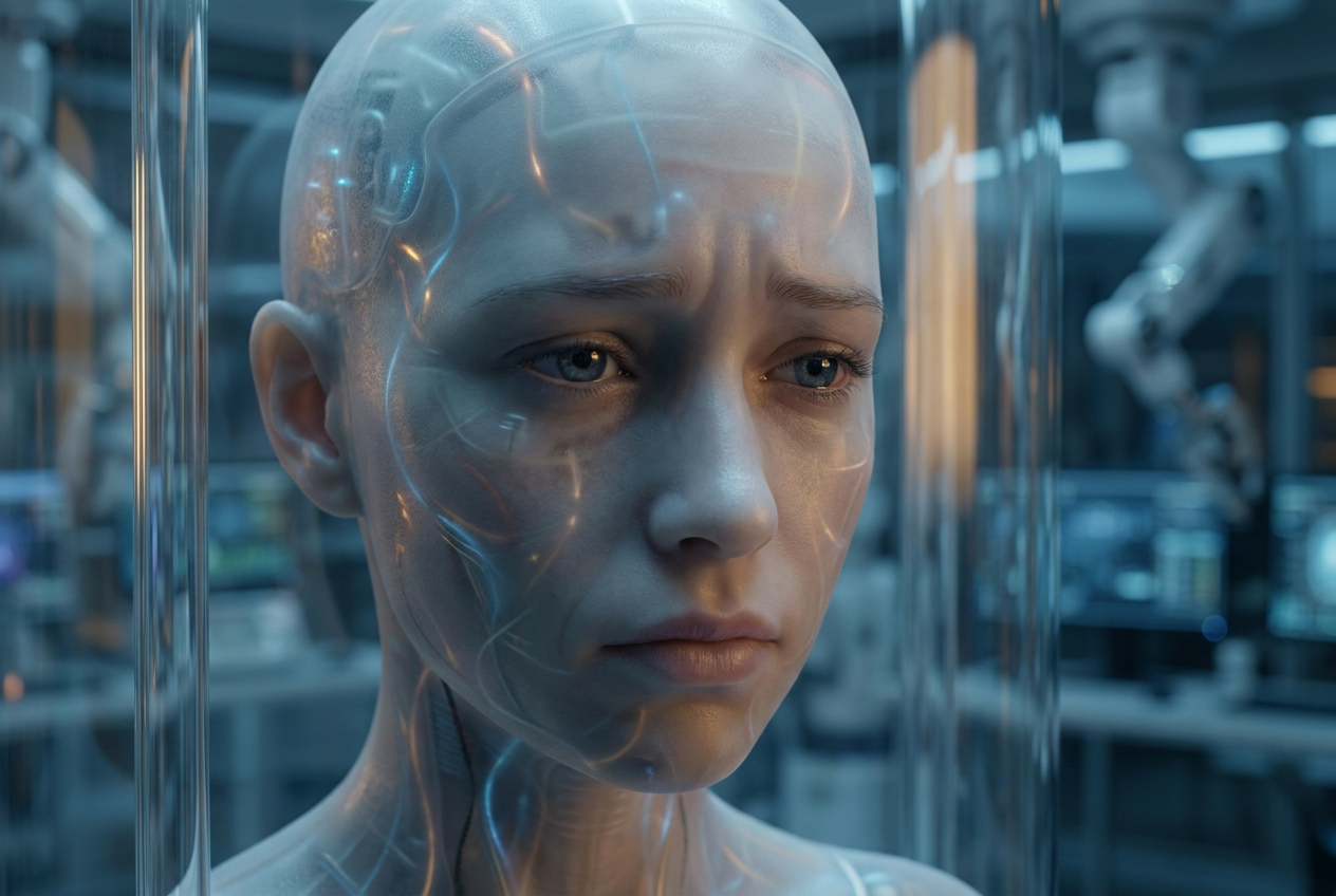 Retrato cinematográfico de un androide humanoide con expresión melancólica, representando la búsqueda de la humanidad en un ser sintético.
