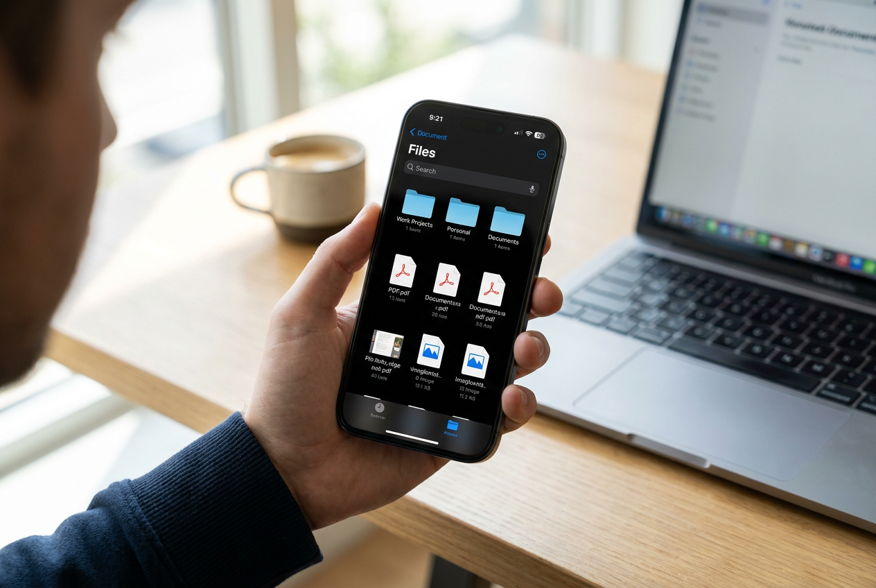Primer plano de un iPhone mostrando la aplicación Archivos de iOS 17 con carpetas organizadas en un entorno de oficina moderno y luminoso.