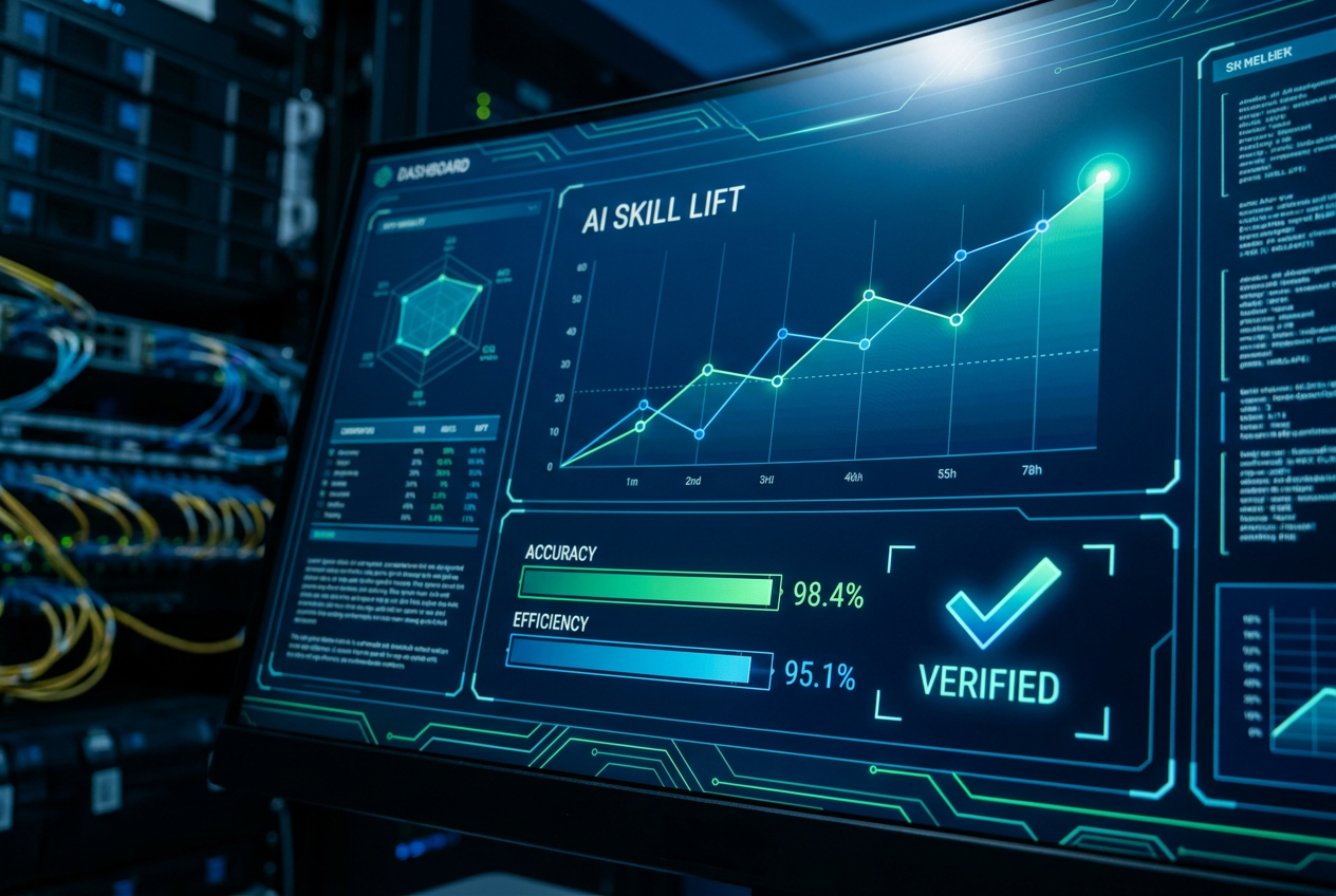 Panel de control digital de alta tecnología que muestra métricas de rendimiento de IA, incluyendo el 'Skill Lift', precisión del 98.4% y eficiencia del 95.1%, con un sello de VERIFICADO.