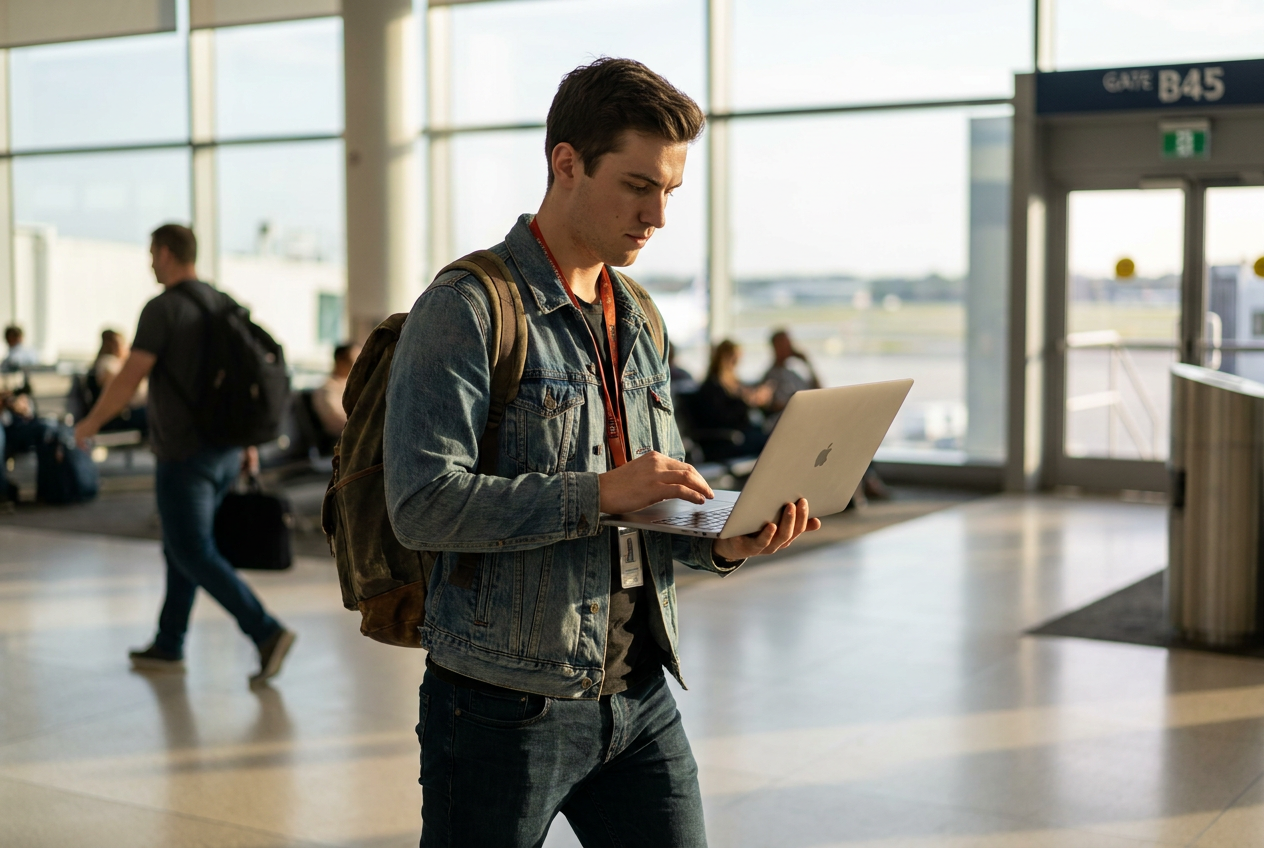 Desarrollador de software en la terminal de un aeropuerto transportando su laptop entreabierta para no interrumpir la IA