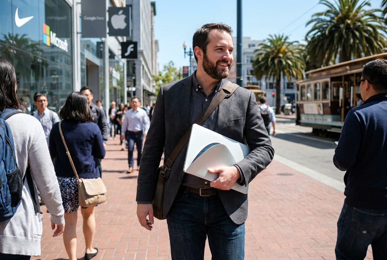 Programador caminando por una calle de San Francisco con su ordenador portátil medio abierto en estilo taco