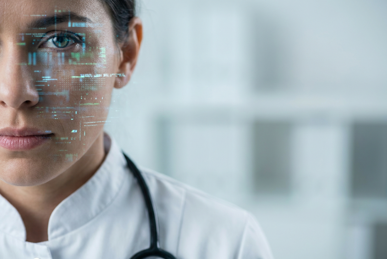 Retrato de un médico generado por IA con sutiles fallos digitales y patrones de datos holográficos, representando la falsa autoridad sintética de los avatares médicos.