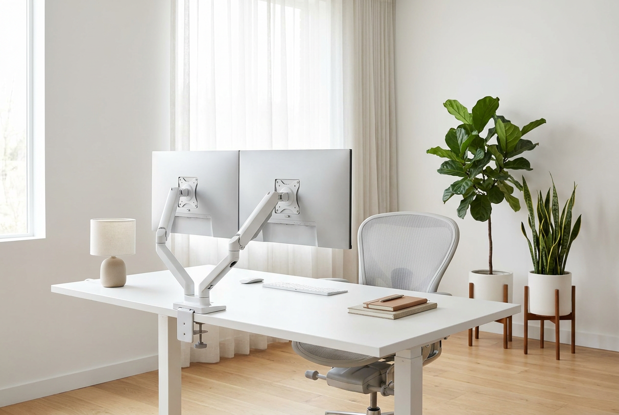 Espacio de trabajo minimalista en blanco con soporte para dos monitores de diseño estilizado y resorte mecánico.