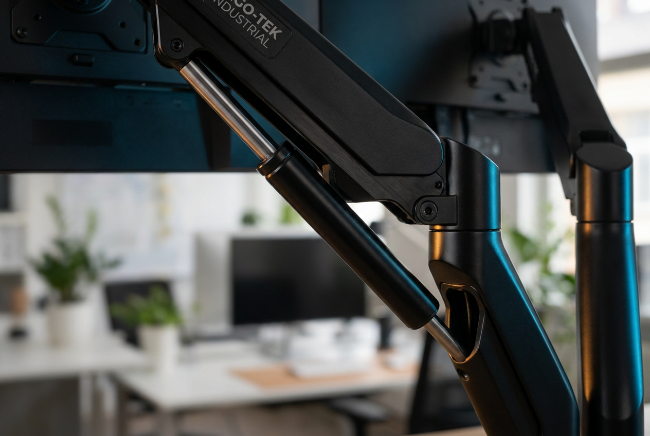 Detalle primer plano de un pistón de gas en un brazo de monitor profesional, resaltando la tecnología de ajuste fluido.