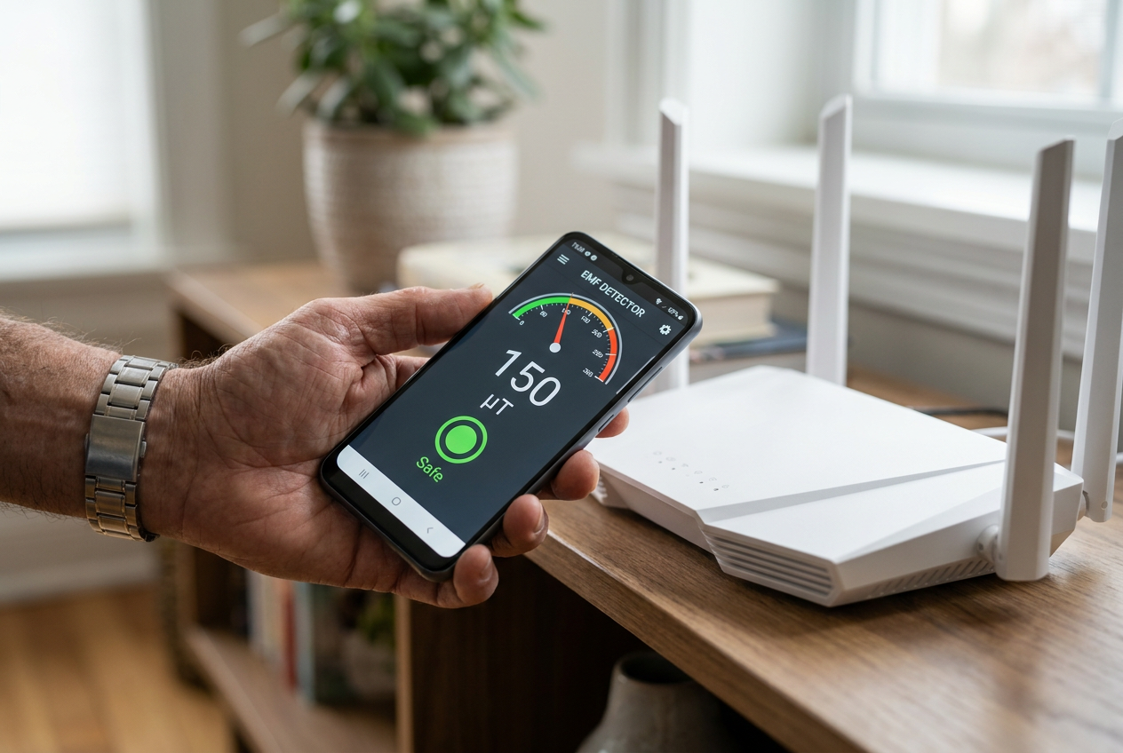 Persona utilizando un smartphone Android con una aplicación de medición de campos electromagnéticos cerca de un router wifi doméstico, mostrando una lectura segura.