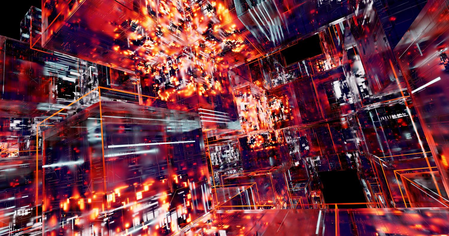 Arte digital abstracto con cubos futuristas y luces de neón, simbolizando la arquitectura de decisiones estructuradas y el flujo de datos.