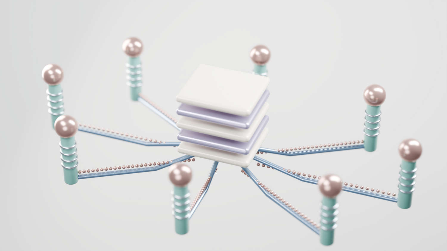 Visualización abstracta en 3D de una estructura de red digital con nodos interconectados, representando la arquitectura de seguridad.