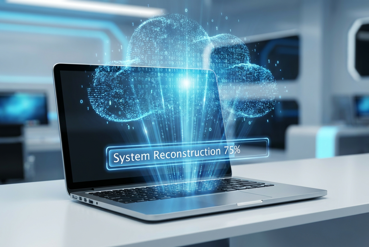 Representación conceptual de Cloud Rebuild de Windows 11: un ordenador recibiendo datos y reconstruyendo su sistema desde una nube digital brillante.